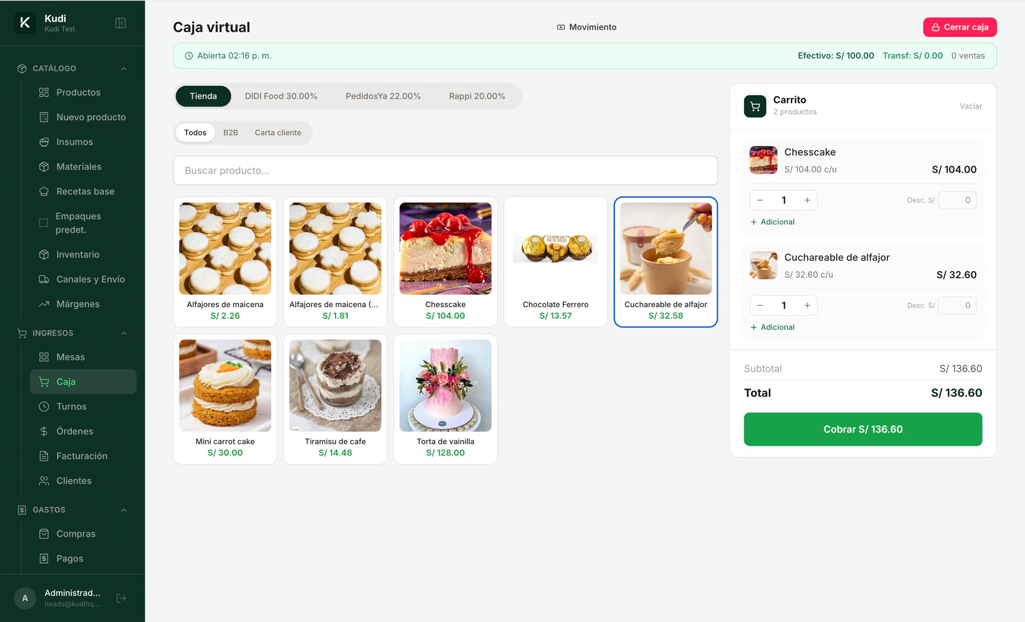 La caja de Kudi con sus canales de venta, productos y carrito
