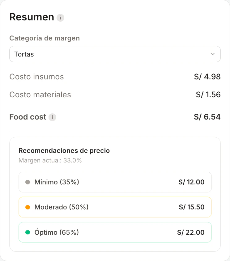 El resumen del cotizador de Kudi con costo, margen y precios recomendados