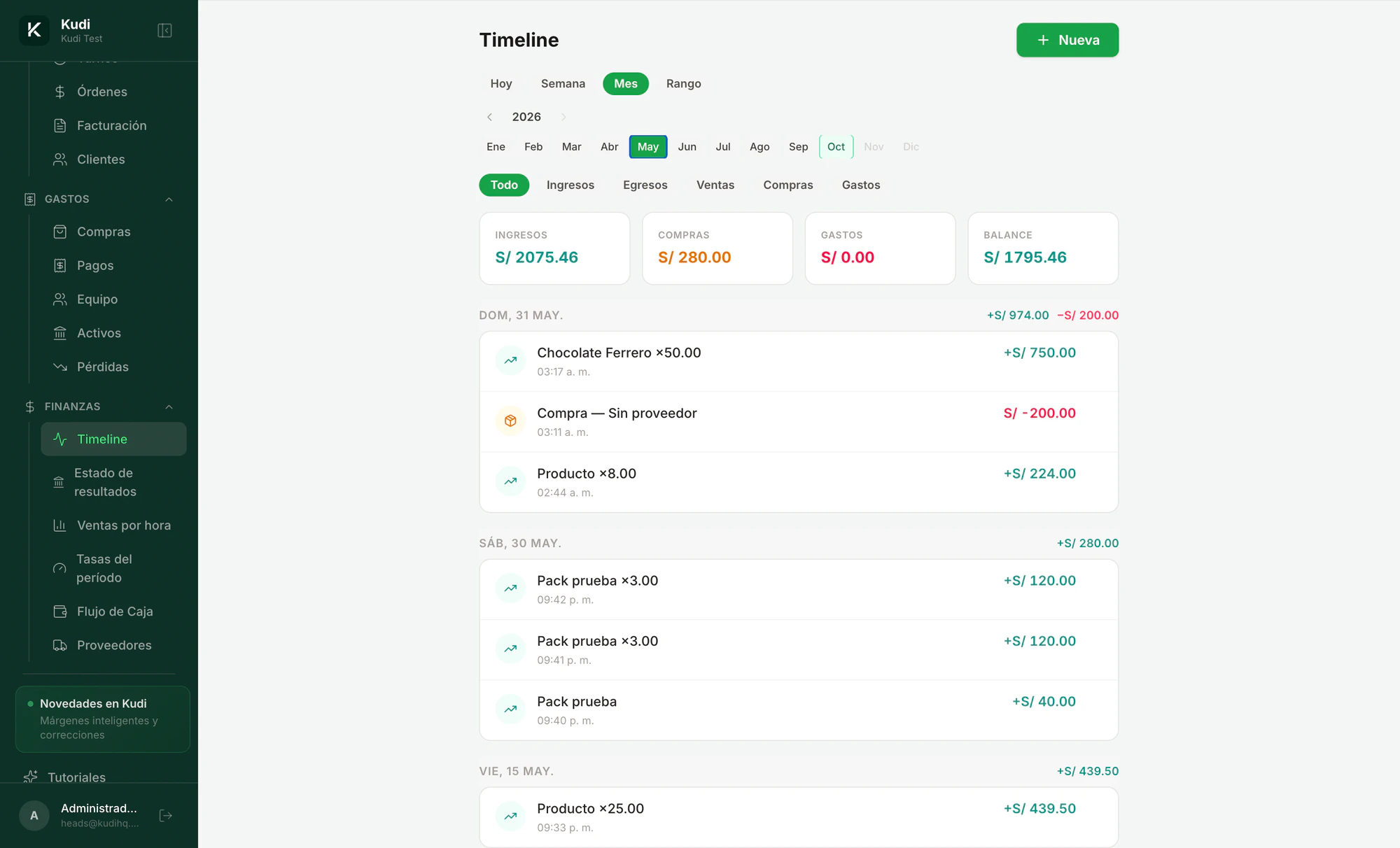 El timeline de Kudi con ingresos, compras, gastos y balance del mes