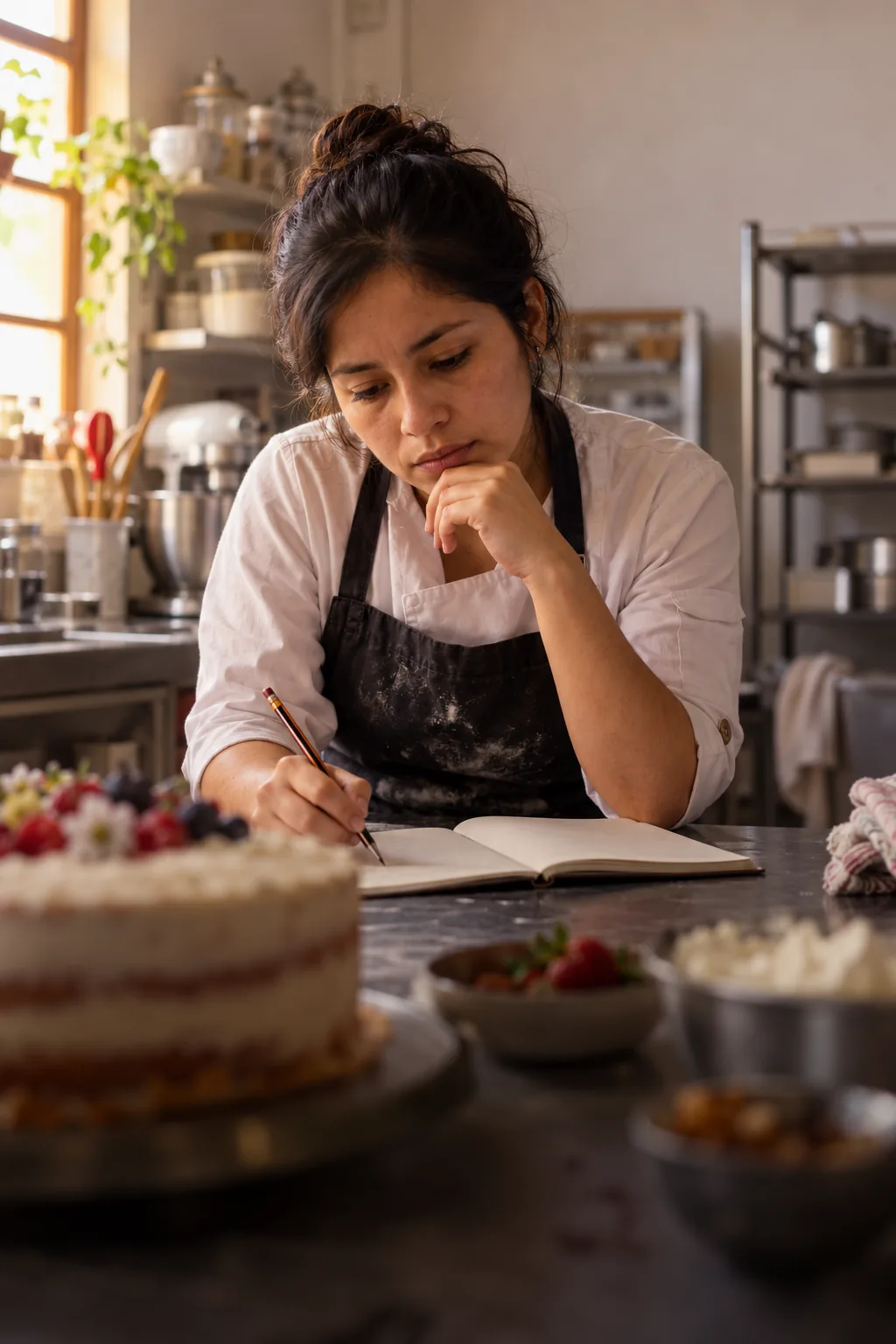 Una pastelera calcula en su libreta el precio de una torta