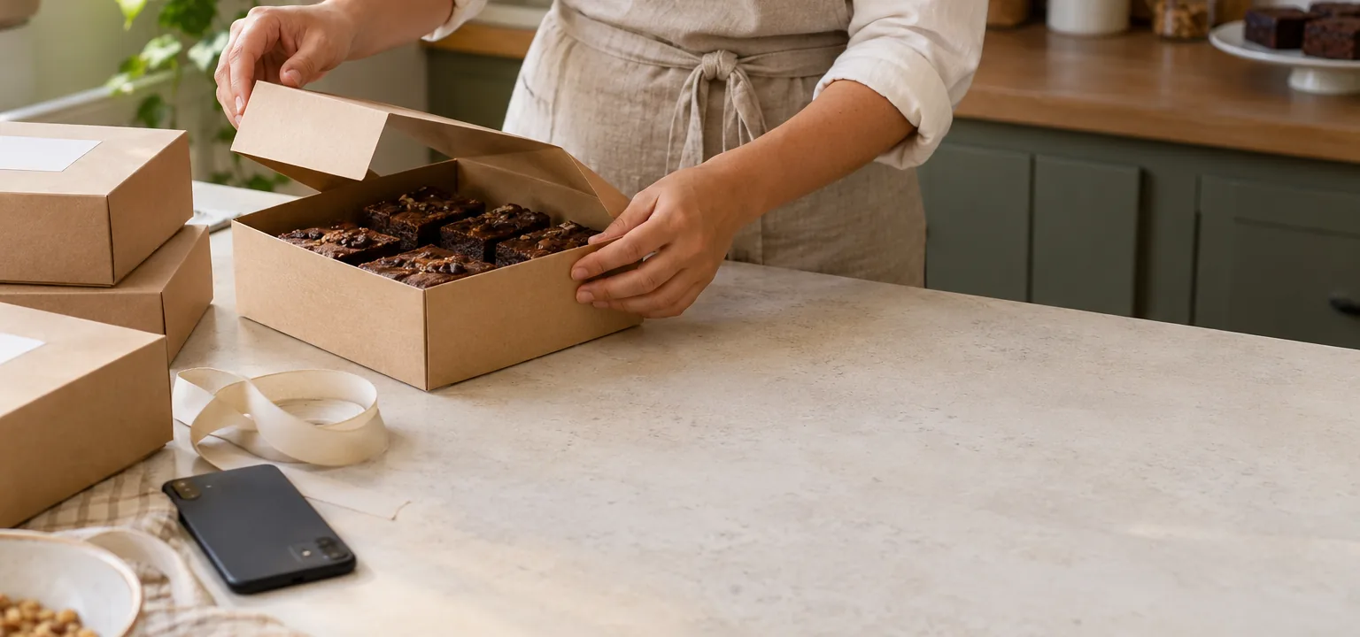 Manos empacando brownies en una caja kraft, con el celular sobre la mesa